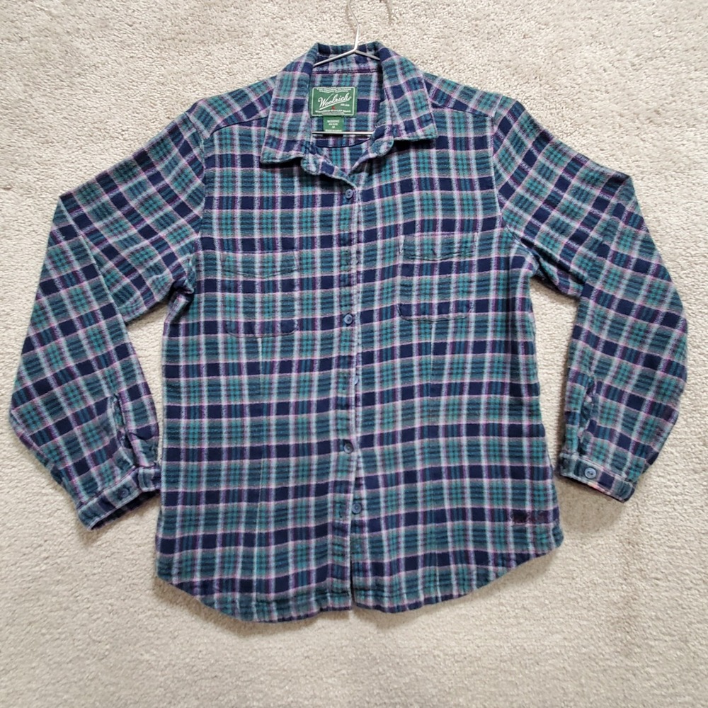 Woolrich Shirt Women's Medium Blue Green Plaid Flannel Button Up Outdoor Casual